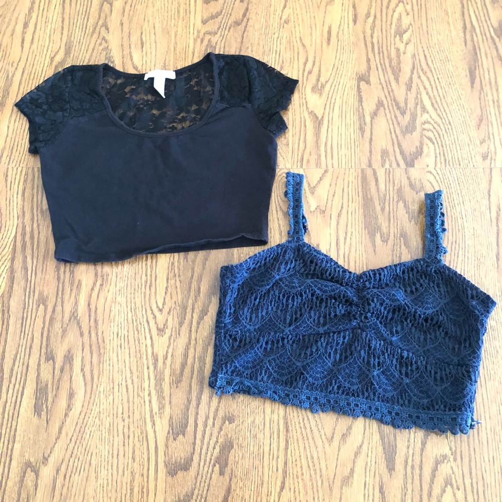 Junior Girls M Crop Tops Black Lace Blue Knit